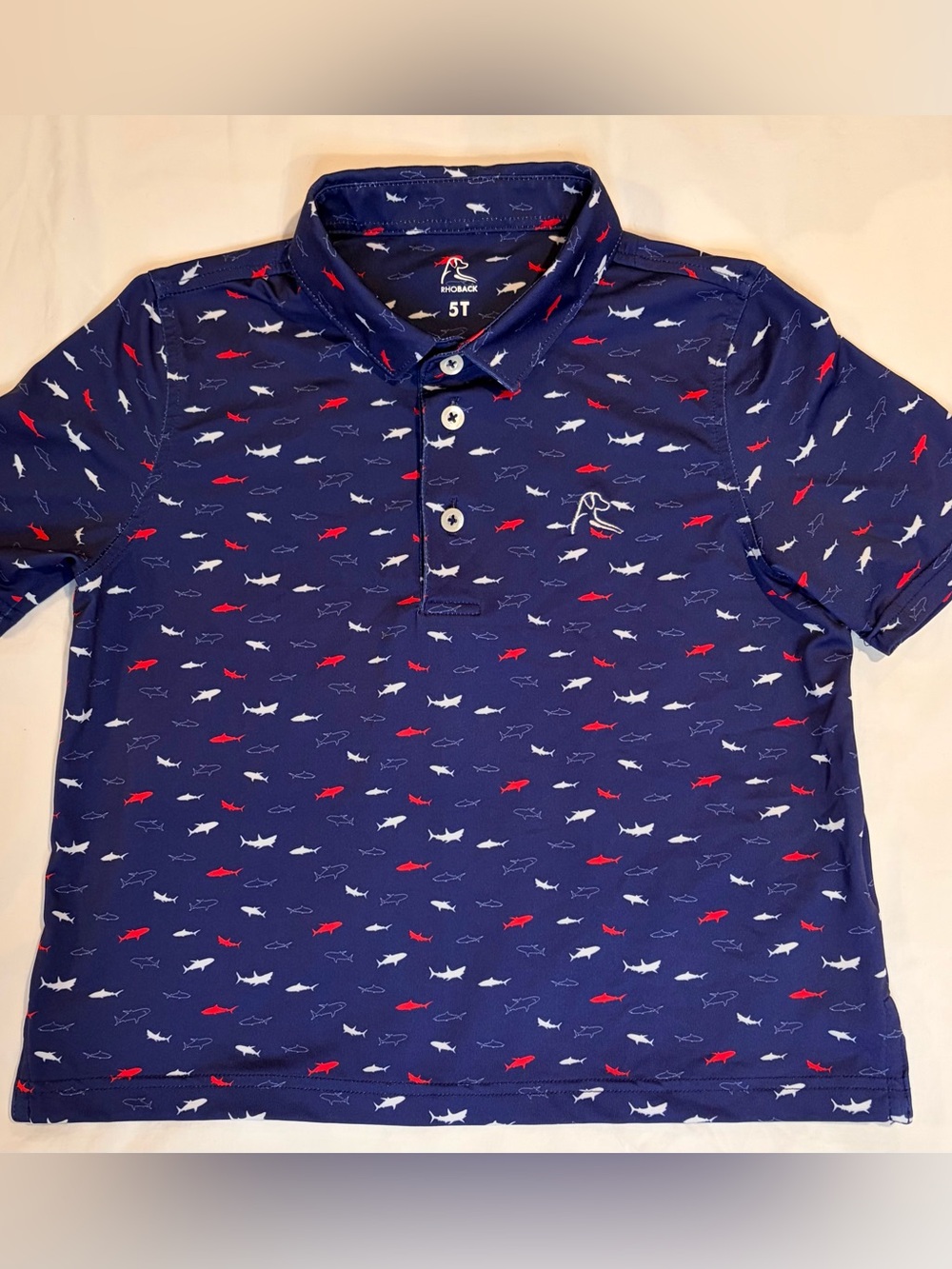 Rhoback Boys 5T Shark Print Polo Shirt Navy Red White Short Sleeve